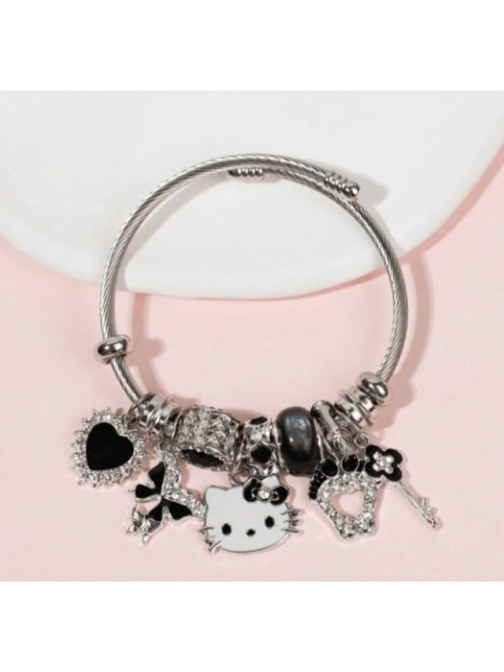 Hello Kitty Silver & Black Charm Bracelet  Adjustable Kawaii Jewelry Sparkle